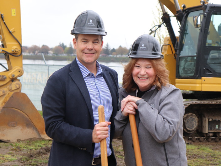 The Springs Living Founder & CEO Fee Stubblefield poses with Vancouver Mayor Anne McEnerny-Ogle at the April 2022 groundbreaking of The Springs at The Waterfront in Vancouver, Washington.