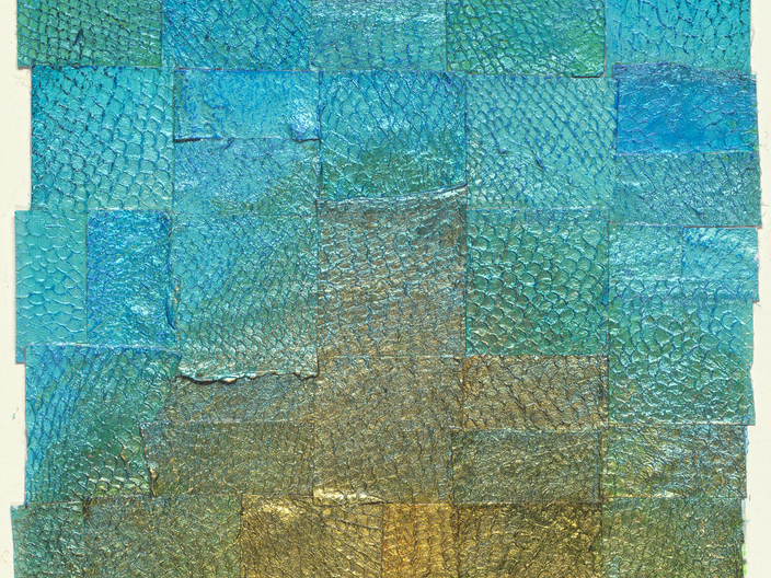 "Ascent", 7 x 5 in., invasive lionfish leather, acrylic