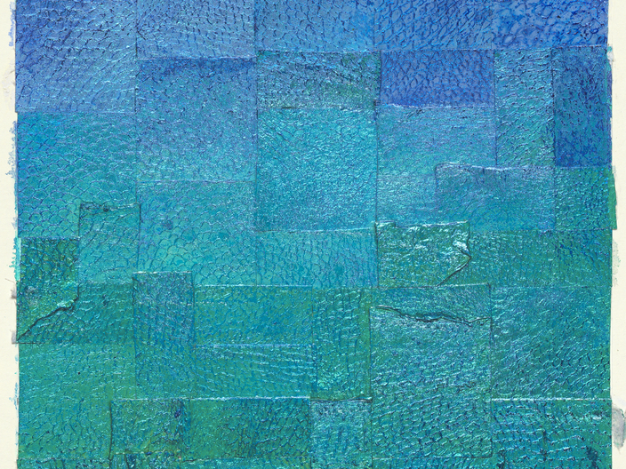 "Awakening", 7 x 5 in., invasive lionfish leather, acrylic