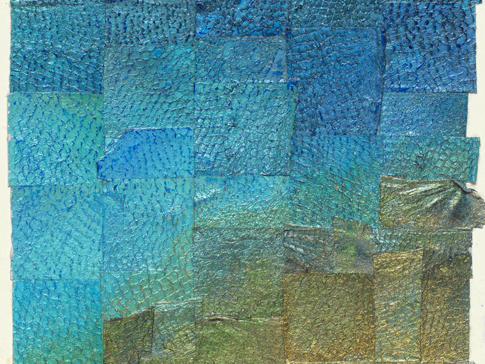 "Renewal", 7 x 5 in., invasive lionfish leather, acrylic