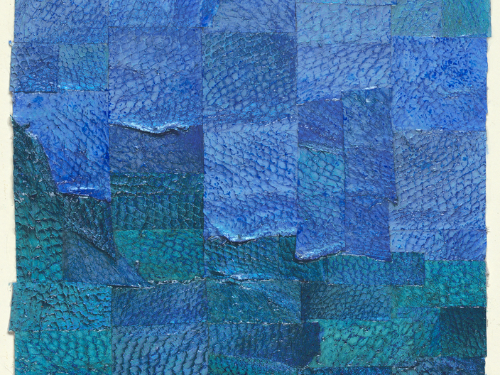 "Revival", 7 x 5 in., invasive lionfish leather, acrylic