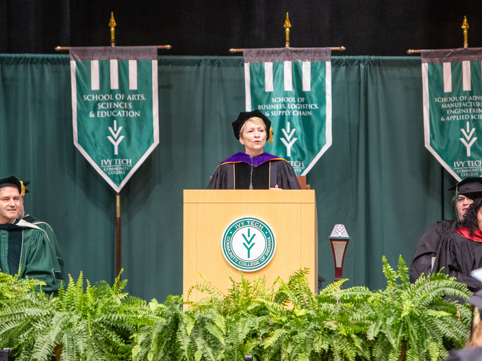 Dr. Sue Ellspermann addresses Ivy Tech Valparaiso graduates, 2024