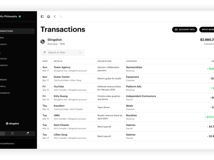 Slingshot's product — Transactions view
