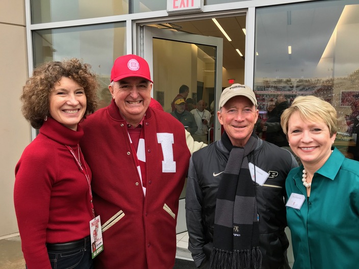Dr. Ellspermann poses with Dr. Michael McRobbie, president emeritus of Indiana University, and Mitch Daniels, president emeritus of Purdue University, 2019