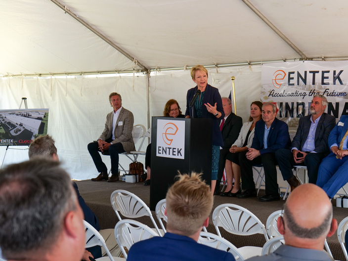 Dr. Ellspermann delivers remarks at the groundbreaking ceremony of the Entek manufacturing campus in Terre Haute, 2023