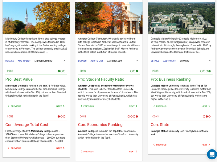 We show the pros and cons to help students compare between colleges, pros and cons are customized and ordered so we only show things important and relevant to the student