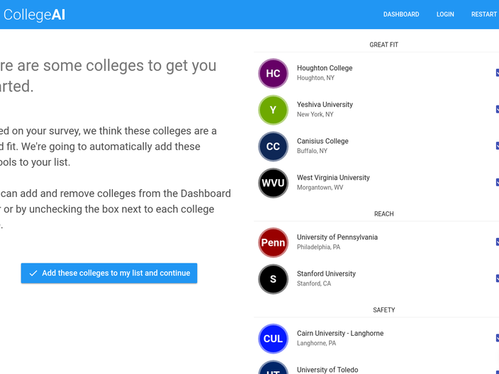 Page where we recommend reach, safety and great fit colleges.