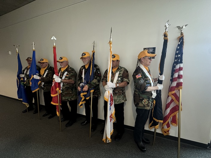 Vietnam War veterans representing the U.S. Air Force, Army, Marine Corps, and Navy present the colors during the Grand Opening of We Remember: From Ventura County to Vietnam and Back on March 29, 2025. Captured during a moving color guard ceremony, each participant proudly served in Vietnam and volunteered to honor their branches during this special event at the John Spoor Broome Library, CSU Channel Islands.