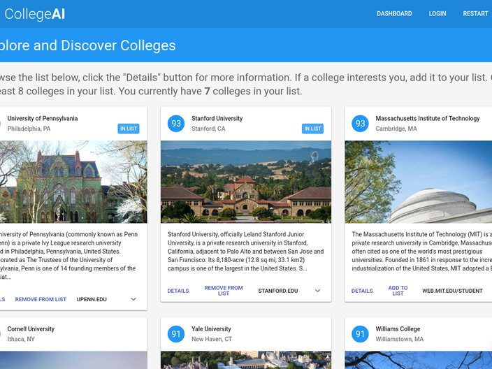 Discover colleges page