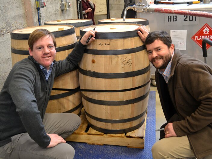 Alex and Chris Canale with the first Old Dominick whiskey barrel